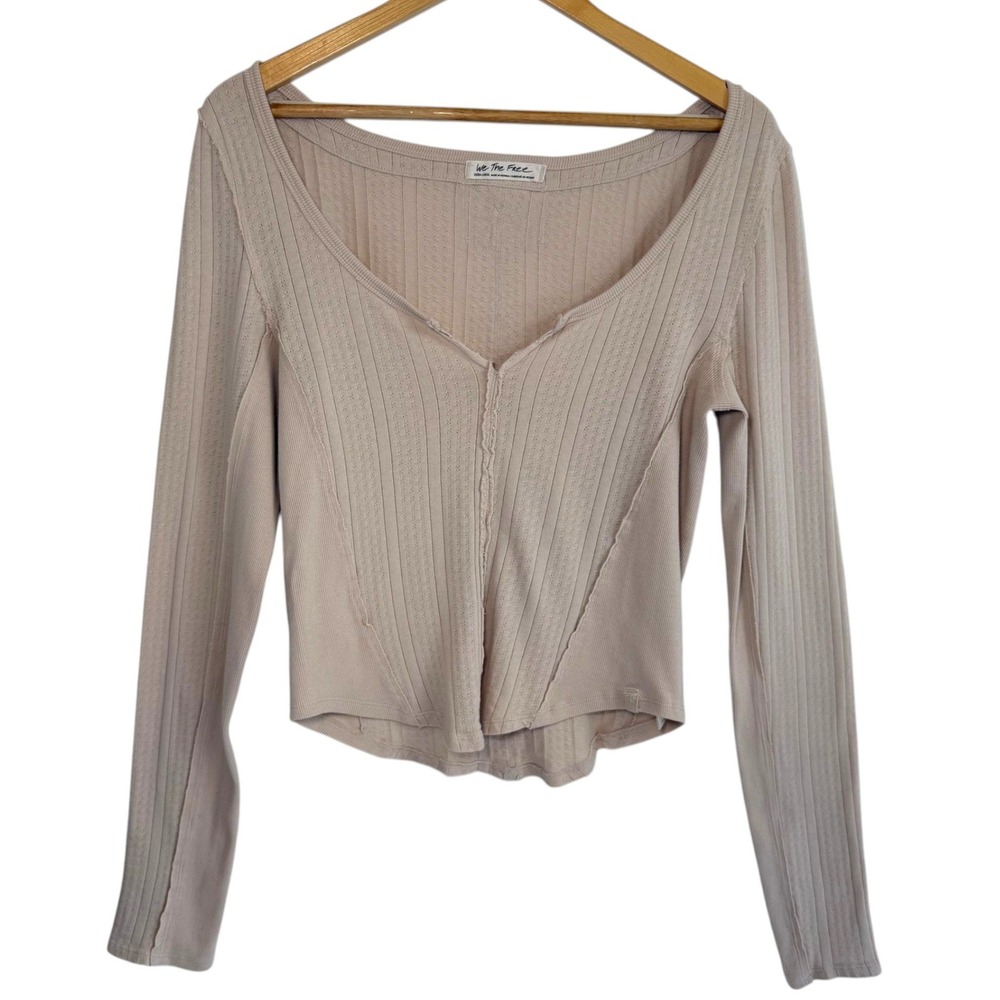 Free People We The Free Ribbed Long Sleeve Henley Top XL Beige Boho Coastal